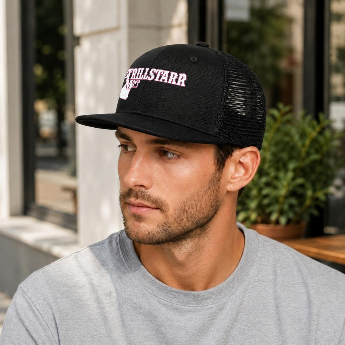 Embroidery Flat-Brim Mesh Cap